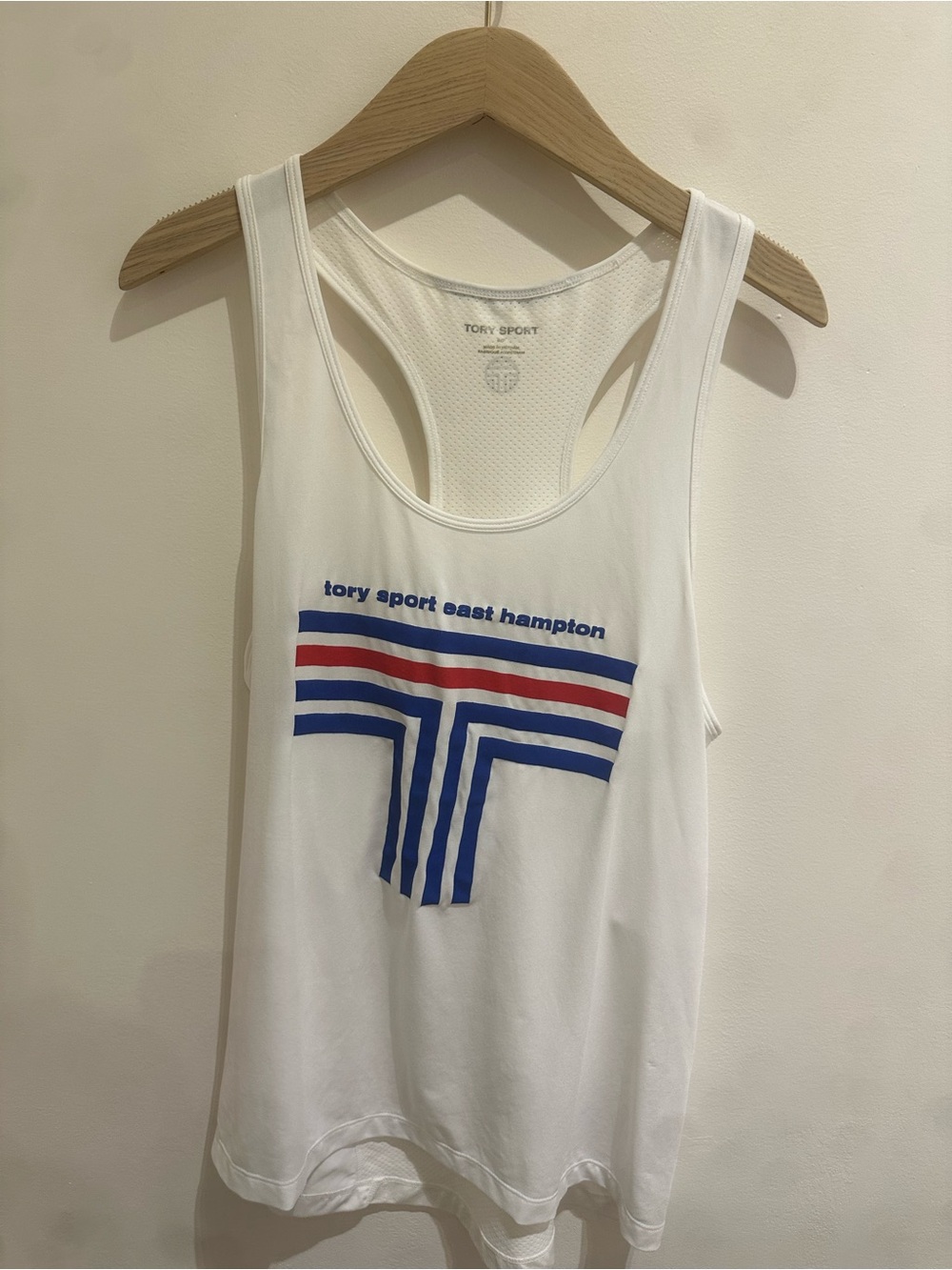 Tory Burch / Sport White Tank with Blue & Red Stripe Graphic East Hampton